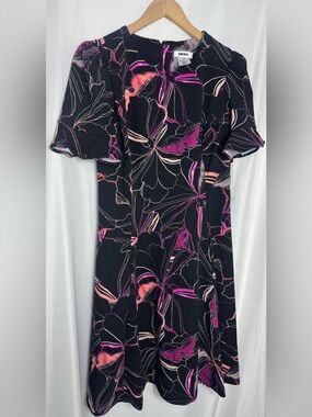 DKNY preppy wedding summer Black Pink Coral Floral Print dress Size 6 NWT